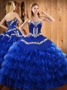 Fancy Blue Ball Gowns Satin and Organza Sweetheart Sleeveless Embroidery and Ruffled Layers Floor Length Lace Up 15th Birthday Dress