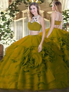 High-neck Sleeveless Backless 15th Birthday Dress Olive Green Tulle