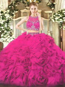 Fuchsia 15th Birthday Dress Military Ball and Sweet 16 and Quinceanera and Beach with Beading Scoop Sleeveless Zipper