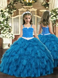 Ball Gowns Winning Pageant Gowns Blue Straps Organza Sleeveless Floor Length Lace Up