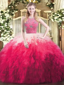 Simple Halter Top Sleeveless Sweet 16 Dress Floor Length Beading and Ruffles Multi-color Tulle