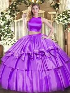 Noble Eggplant Purple High-neck Criss Cross Ruffled Layers Sweet 16 Quinceanera Dress Sleeveless