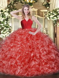 Sophisticated Red Sweet 16 Dresses Military Ball and Sweet 16 and Quinceanera with Ruffles V-neck Sleeveless Zipper