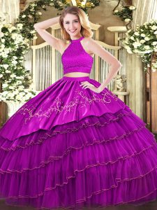 Superior Fuchsia Halter Top Backless Beading and Embroidery and Ruffled Layers Ball Gown Prom Dress Sleeveless