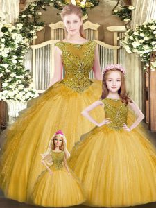 High Quality Gold Sleeveless Tulle Lace Up Quince Ball Gowns for Military Ball and Sweet 16 and Quinceanera