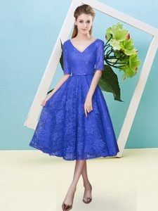 Unique Empire Vestidos de Damas Royal Blue V-neck Lace Half Sleeves Tea Length Lace Up