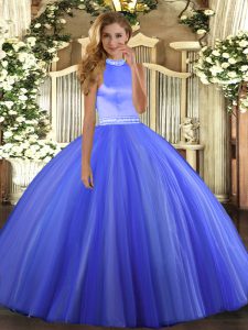 Blue Tulle Backless Quinceanera Dresses Sleeveless Floor Length Beading