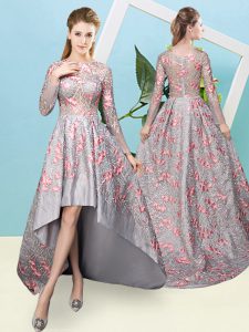 Hot Selling Grey Lace Zipper Scoop Long Sleeves High Low Quinceanera Dama Dress Lace