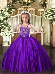 Custom Design Purple Ball Gowns Satin Straps Sleeveless Beading Floor Length Lace Up Custom Made Pageant Dress