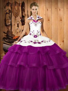 Attractive Sleeveless Organza Sweep Train Lace Up Quinceanera Gowns in Eggplant Purple with Embroidery and Ruffled Layers