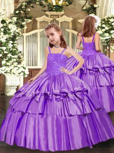 Sleeveless Lace Up Floor Length Beading and Ruffled Layers Pageant Dress for Girls