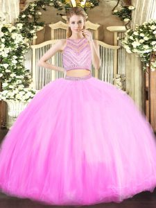 On Sale Tulle Scoop Sleeveless Zipper Beading Ball Gown Prom Dress in Lilac