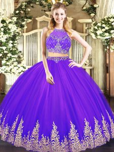 Glorious Scoop Sleeveless Quinceanera Dresses Floor Length Beading and Appliques Purple Tulle