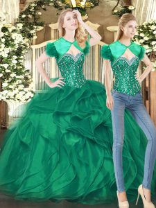 Dark Green Ball Gowns Beading and Ruffles Ball Gown Prom Dress Lace Up Tulle Sleeveless Floor Length