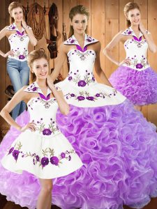 Lilac Lace Up Halter Top Embroidery Ball Gown Prom Dress Fabric With Rolling Flowers Sleeveless