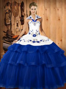 Blue Sweet 16 Quinceanera Dress Military Ball and Sweet 16 and Quinceanera with Embroidery and Ruffled Layers Halter Top Sleeveless Sweep Train Lace Up