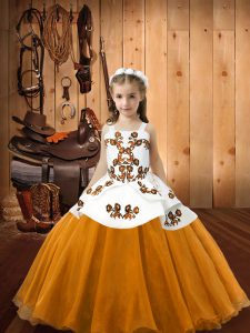 Orange Organza Lace Up Pageant Dresses Sleeveless Floor Length Embroidery