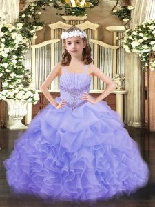 Hot Sale Organza Straps Sleeveless Lace Up Beading and Ruffles and Pick Ups Little Girls Pageant Gowns in Lavender