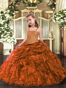 Sleeveless Organza Floor Length Zipper Pageant Dress Womens in Orange with Beading and Ruffles