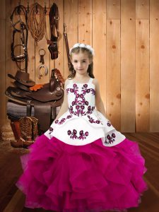 Trendy Fuchsia Sleeveless Floor Length Embroidery and Ruffles Lace Up Pageant Dress for Womens