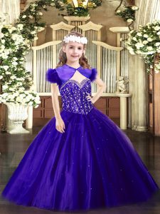 Graceful Sleeveless Tulle Floor Length Lace Up Pageant Dresses in Purple with Beading