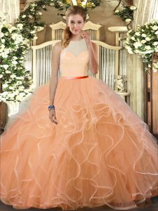 Suitable High-neck Sleeveless Backless Sweet 16 Dresses Peach Tulle