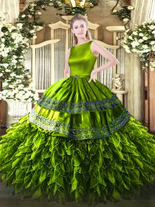 Olive Green Sleeveless Floor Length Ruffles Zipper Vestidos de Quinceanera
