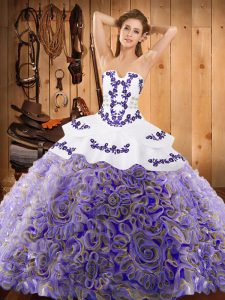 Multi-color Ball Gowns Strapless Sleeveless Satin and Fabric With Rolling Flowers With Train Sweep Train Lace Up Embroidery Vestidos de Quinceanera