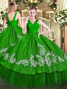 Floor Length Zipper 15th Birthday Dress Green for Military Ball and Sweet 16 and Quinceanera with Embroidery