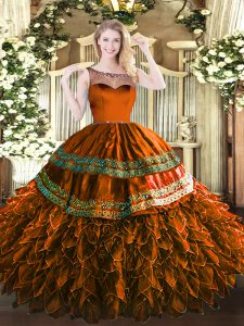 Custom Design Sleeveless Floor Length Beading and Appliques and Ruffles Zipper Vestidos de Quinceanera with Rust Red