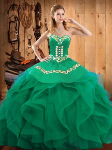 Adorable Sleeveless Organza Floor Length Lace Up Sweet 16 Dress in Turquoise with Embroidery and Ruffles