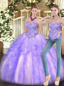 Floor Length Lavender Quinceanera Gown Organza Sleeveless Appliques and Ruffles