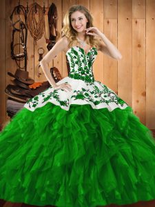 Green Lace Up Sweetheart Embroidery and Ruffles 15 Quinceanera Dress Satin and Organza Sleeveless