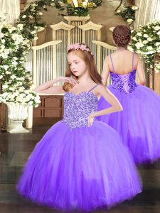 Custom Designed Lavender Spaghetti Straps Neckline Appliques Pageant Dress for Womens Sleeveless Lace Up