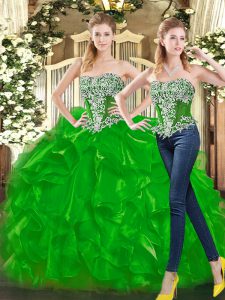 Sleeveless Organza Floor Length Lace Up Quince Ball Gowns in Green with Beading and Ruffles