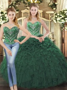 Glamorous Sweetheart Sleeveless Quinceanera Gowns Floor Length Beading and Ruffles Dark Green Tulle