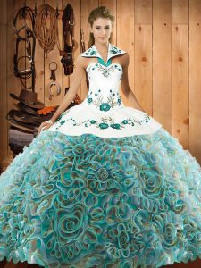 Romantic Multi-color Ball Gowns Fabric With Rolling Flowers Halter Top Sleeveless Embroidery Lace Up Sweet 16 Dresses Sweep Train