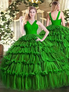 Popular Dark Green Ball Gowns Organza V-neck Sleeveless Ruffled Layers Floor Length Zipper 15 Quinceanera Dress