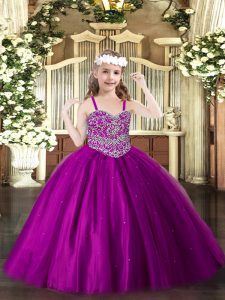 Customized Floor Length Fuchsia Little Girls Pageant Dress Wholesale Straps Sleeveless Lace Up