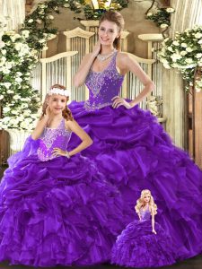 Pretty Purple Sweet 16 Dress Military Ball and Sweet 16 and Quinceanera with Beading and Ruffles Straps Sleeveless Lace Up