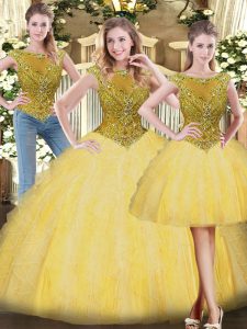Gold Sleeveless Tulle Zipper Quinceanera Gown for Military Ball and Sweet 16 and Quinceanera
