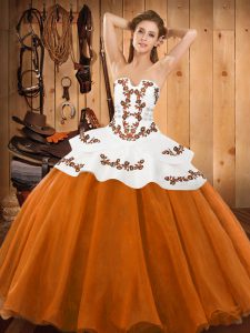 Beauteous Orange Red Tulle Lace Up Strapless Sleeveless Floor Length Ball Gown Prom Dress Embroidery