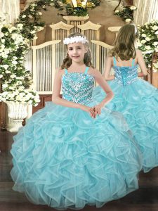Fancy Light Blue Ball Gowns Organza Straps Sleeveless Beading and Ruffles Floor Length Lace Up Pageant Dress Toddler