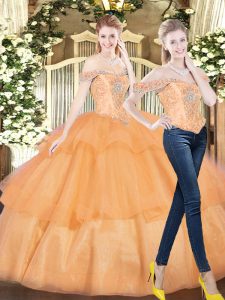 Stylish Off The Shoulder Sleeveless Sweet 16 Dress Floor Length Beading and Ruffled Layers Orange Red Organza