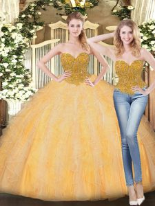 Most Popular Sweetheart Sleeveless Zipper Sweet 16 Quinceanera Dress Gold Tulle