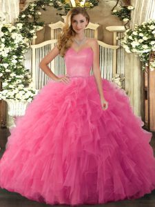 Spectacular Hot Pink Tulle Lace Up Quince Ball Gowns Sleeveless Floor Length Ruffles