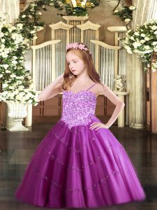Sleeveless Floor Length Appliques Lace Up Little Girl Pageant Dress with Fuchsia
