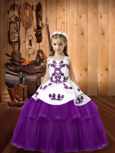 Eggplant Purple Ball Gowns Straps Sleeveless Tulle Floor Length Lace Up Beading and Embroidery Pageant Gowns For Girls