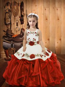 Low Price Red Lace Up Straps Ruffles Pageant Dress for Teens Organza Sleeveless