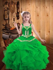 Dramatic Sleeveless Floor Length Embroidery and Ruffles Lace Up Little Girls Pageant Gowns with Green